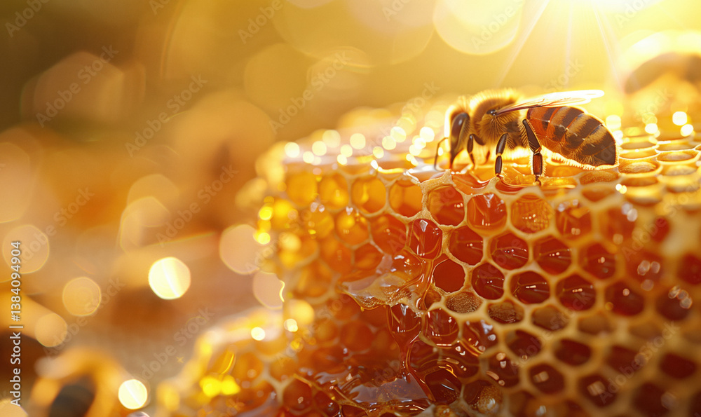 A close-up of a bee on a golden honeycomb filled with honey, illuminated by a warm, bright light.