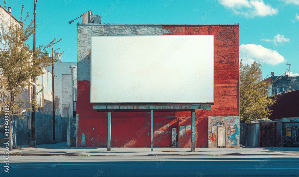 A large, blank white billboard mounted on a structure in an urban setting with brick buildings and a blue sky with clouds, ideal for a mockup.