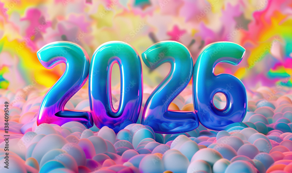 Large, glossy, colorful 3D numbers spelling out