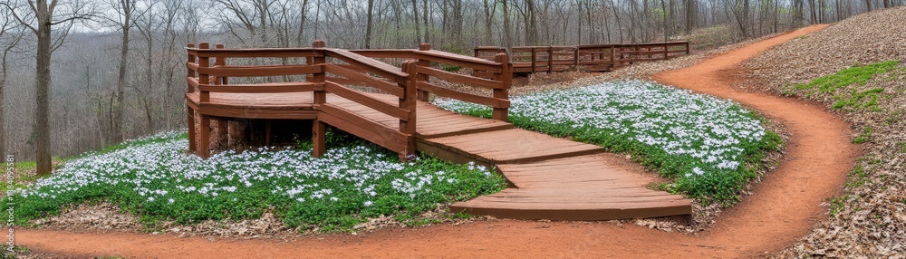 Overlook platform on trail with flowers in forest environment Overlook platform on trail with flowers in forest environment