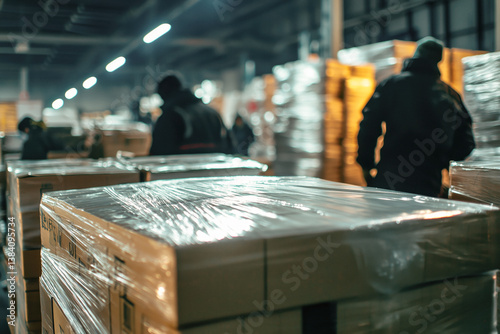 Obraz na płótnie Wrapped cardboard boxes stacked on pallets in a dimly lit warehouse with blurred figures of workers moving in the background. w salonie