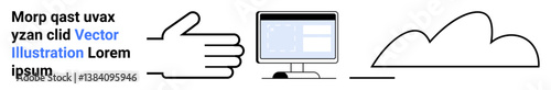 Open hand, desktop monitor with interface, and outlined cloud concept embracing technology, data, and communication. Ideal for teamwork, collaboration, data management, cloud services tech branding