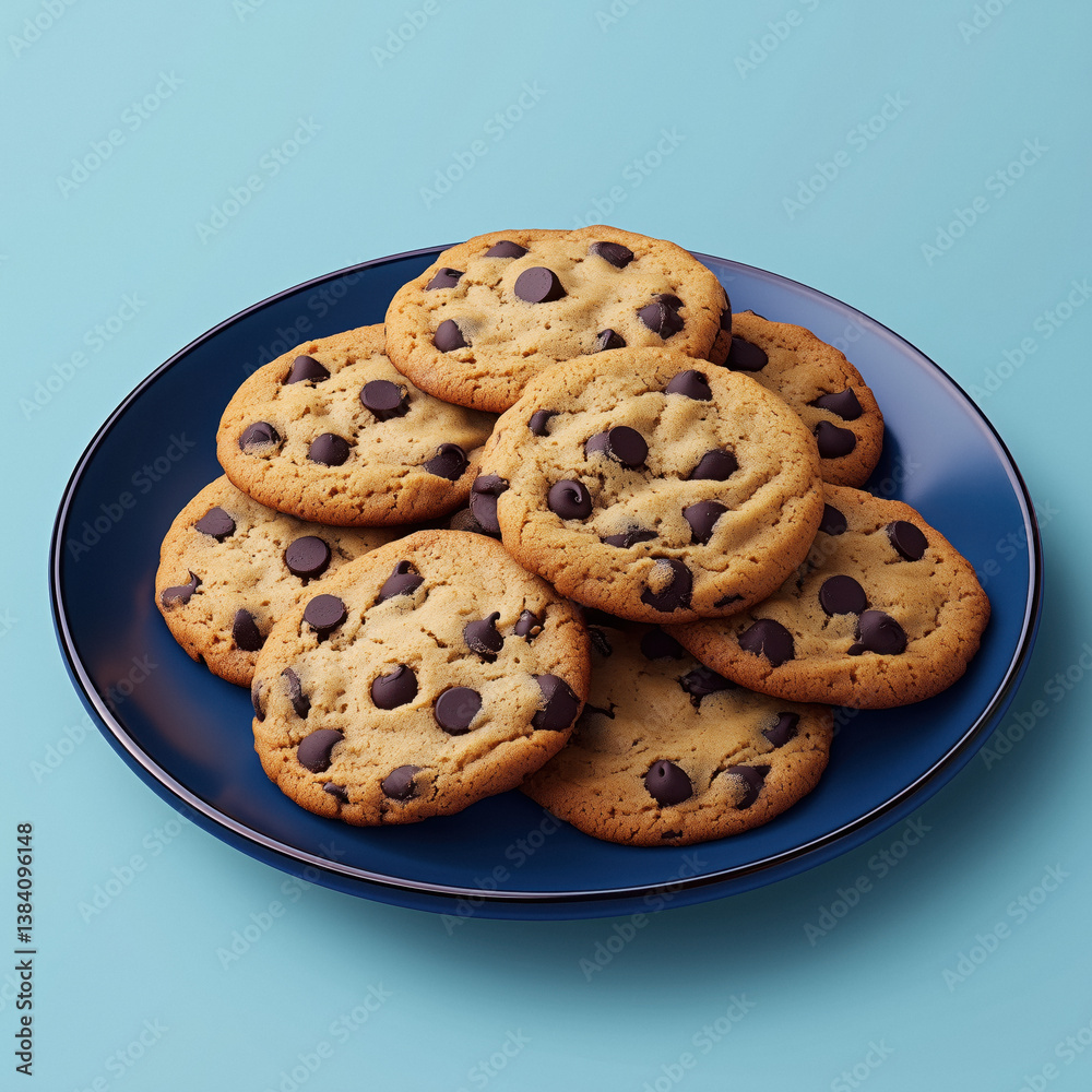 A stack of freshly baked chocolate chip cookies on a dark blue plate against a light blue background.
