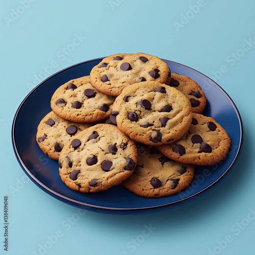 Obraz na płótnie A stack of freshly baked chocolate chip cookies on a dark blue plate against a light blue background. w salonie