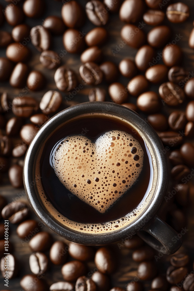 Overhead view of a cup of coffee with a heart-shaped foam surrounded by coffee beans.