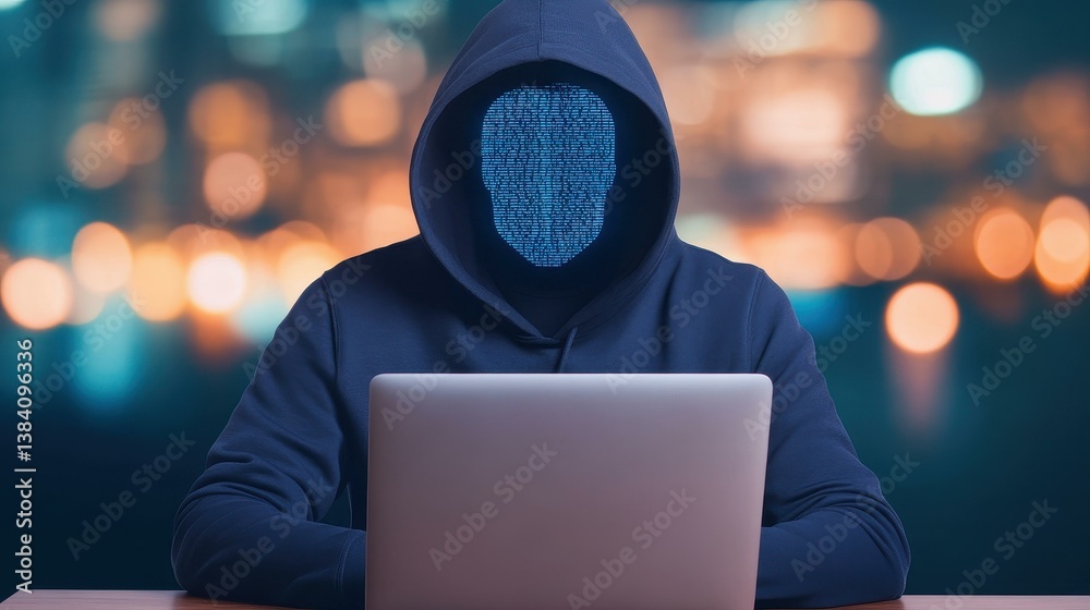 A mysterious figure in a hood sits at a desk, coding furiously on their laptop, with vibrant city lights blurred behind. A mysterious figure in a hood sits at a desk, coding furiously on their laptop, with vibrant city lights blurred behind.