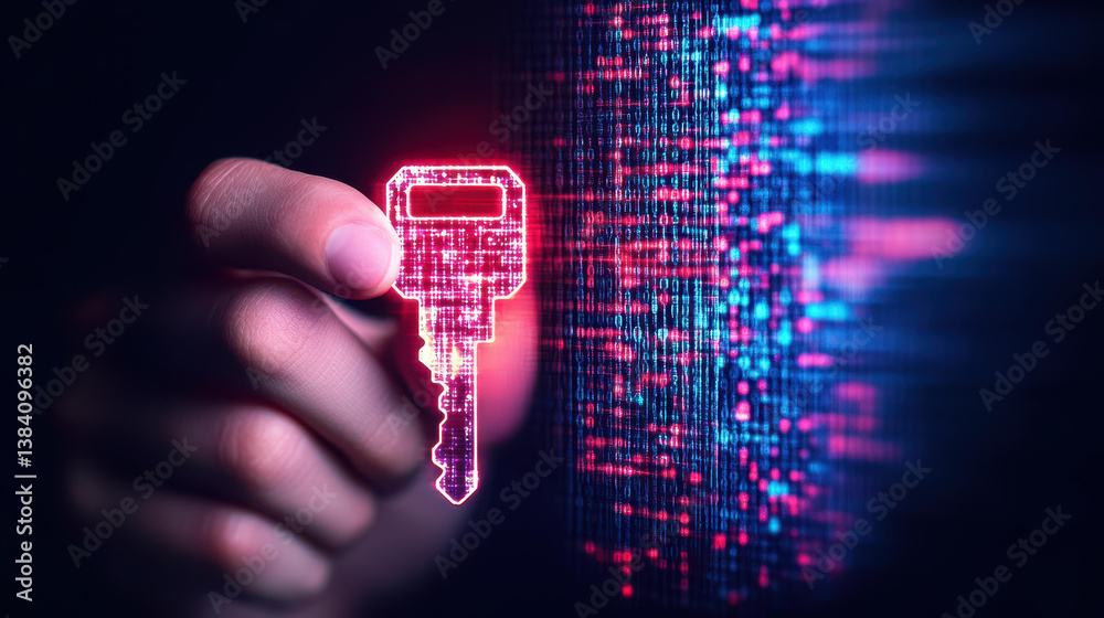 Obraz premium A hand clutching a glowing key unlocks a vast digital code, symbolizing the secure future of technology and innovation.
