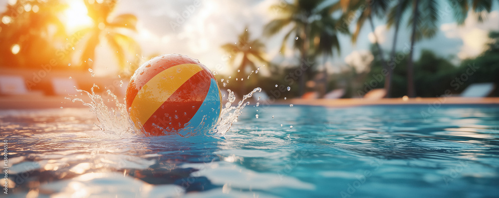A colorful beach ball splashing into a swimming pool on a sunny day at a tropical resort.