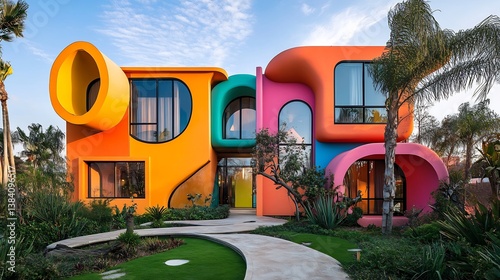Playful and eccentric postmodern exterior with bold asymmetrical structures exaggerated shapes colorful facades and unconventional design elements that defy architectural norms photo