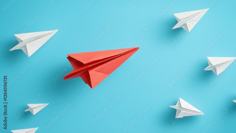 Fototapeta premium Red paper airplane standing out among many white ones