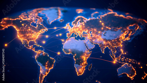 A world map highlighting glowing city connections