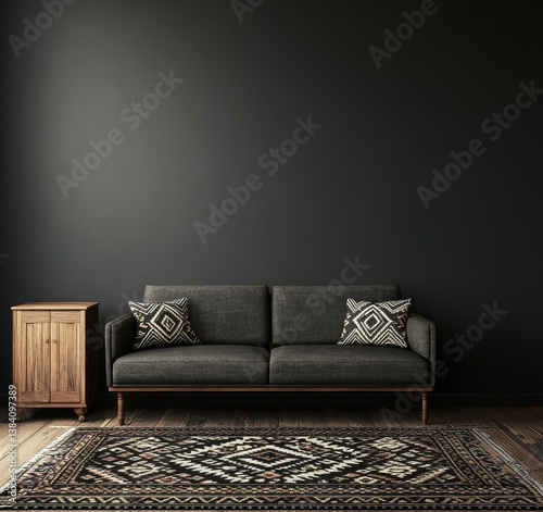 Dark, minimalist living room featuring a sofa and rug