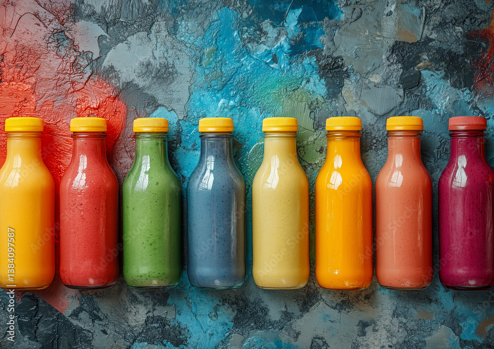 A row of colorful smoothie bottles with yellow caps on a textured blue and gray background.