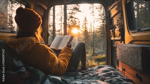 Woman reading in van, enjoying scenic sunrise