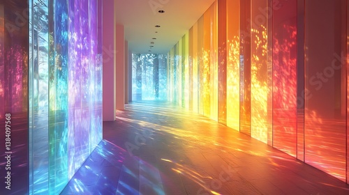 Radiant rainbow prism light filled room with refracted sunlight cascading through crystalline panels vibrant color shifting walls glass spectrum elements and an ethereal glowing atmosphere