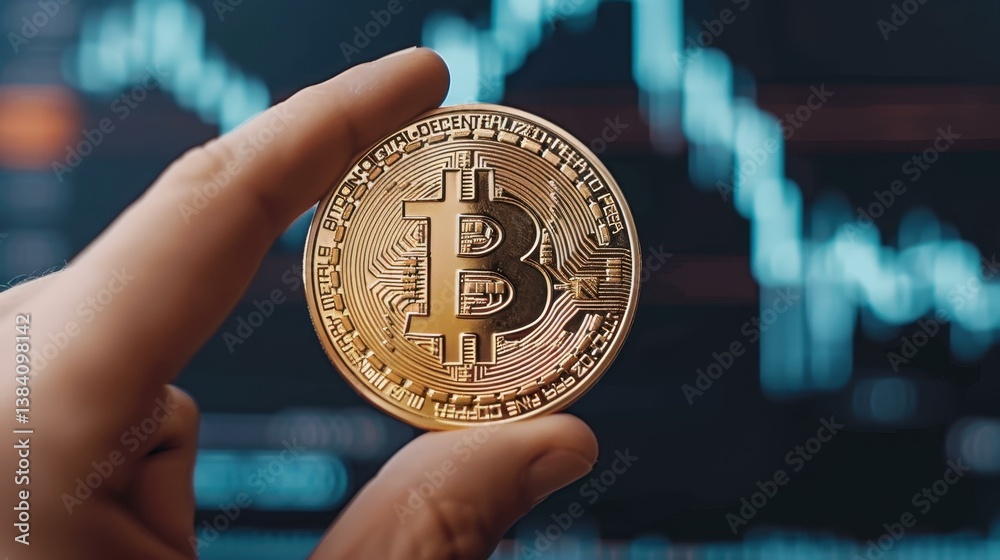 A closeup view of hands gripping a glowing bitcoin amidst a dark tech backdrop, showcasing forex charts and trends.