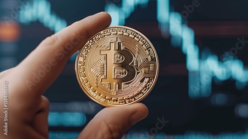Obraz na płótnie A closeup view of hands gripping a glowing bitcoin amidst a dark tech backdrop, showcasing forex charts and trends. w salonie