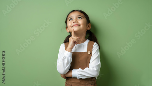 Smiling girl in brown outfit thinking with hand on chin against green backdrop
