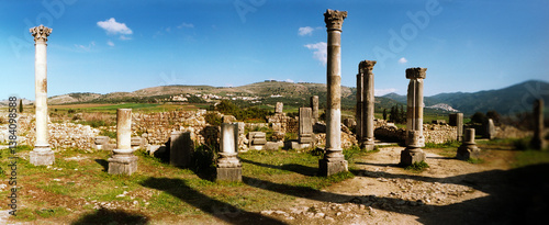 Panoramic view of ancient Roman ruins at an archaeological site, Volubilis, Morocco. photo