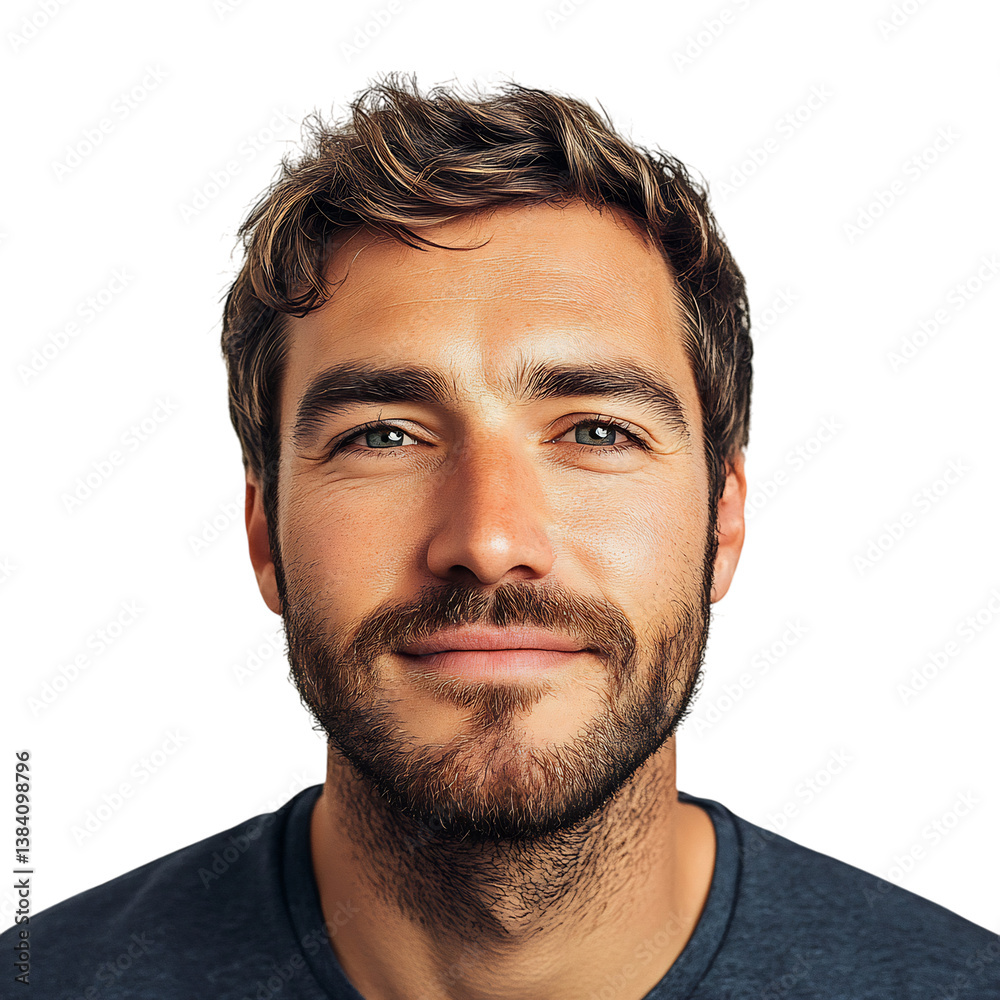 Obraz premium A Man with Affectionate Expression, Beard, and Blue Shirt Isolated on Transparent Background