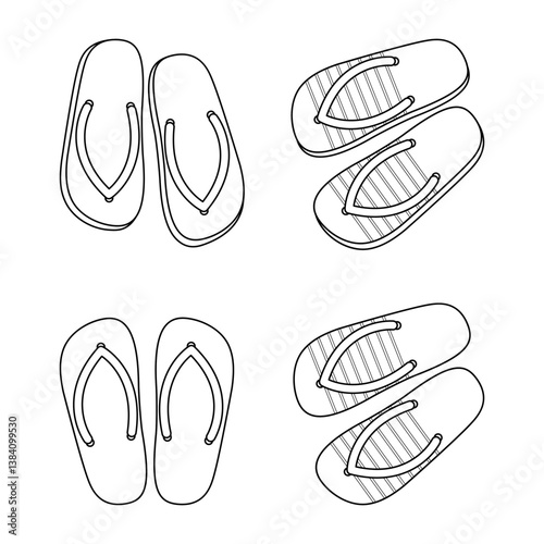 Set of outline flip-flops. Coloring page with rubber slippers. Black and white image with some pairs of beach sliders. Summer shoes.