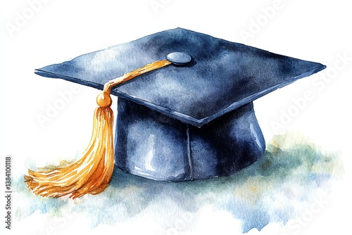 A hand-painted watercolor graduation cap with a golden tassel sits on a light blue background.  Perfect for graduation announcements and celebratory designs.