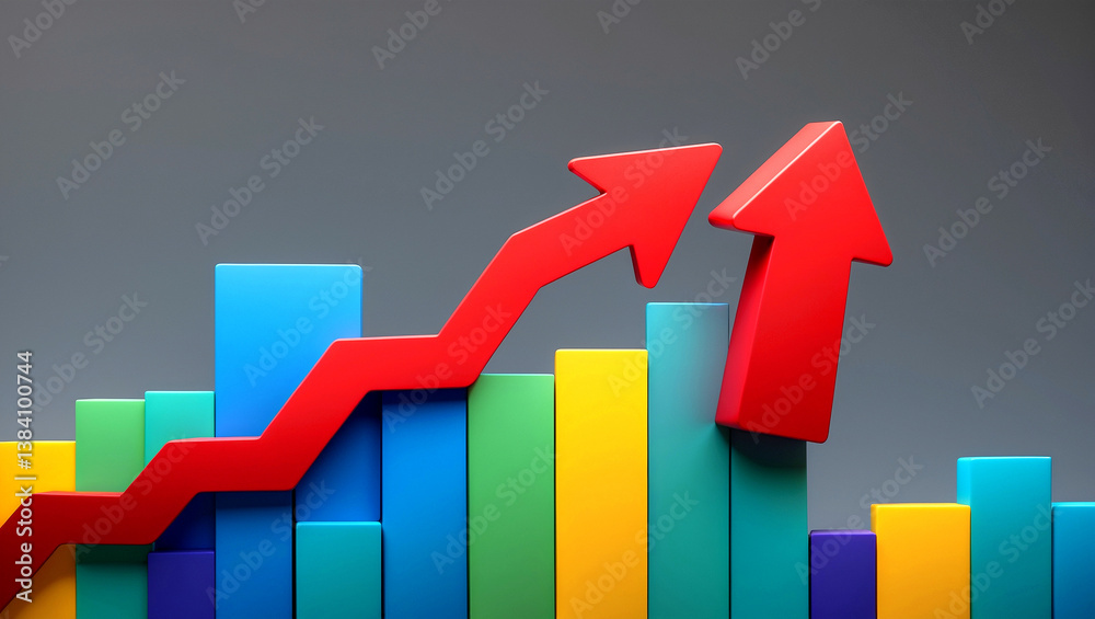 Colorful graph illustrating growth with red arrow Colorful graph illustrating growth with red arrow