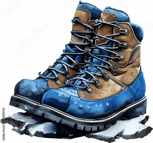 Professional watercolor hiking boots with laces, blue and brown outdoor footwear illustration for adventure gear marketing