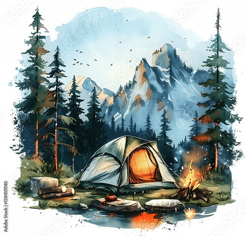 Mountain camping scene with glowing tent and campfire surrounded by pine forest and rocky peaks in watercolor illustration style