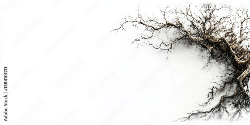 Dried, skeletal tree roots and branches against a stark white background Dried, skeletal tree roots and branches against a stark white background