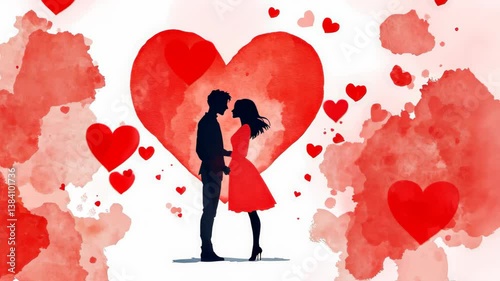 Embrace the essence of love with this romantic silhouette against a watercolor heart, perfect for Valentines Day.