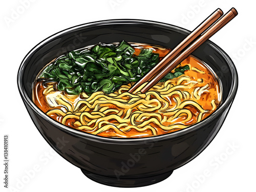 Delicious ramen bowl with noodles seaweed and chopsticks for asian food lovers illustration art on transparent background