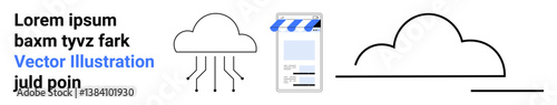 Cloud with data flow, smartphone storefront, and cloud outline representing technology, e-commerce, data storage, innovation, simplicity, connectivity. Ideal for apps presentations branding simple