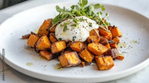Roasted sweet potatoes with creamy yogurt and microgreens.