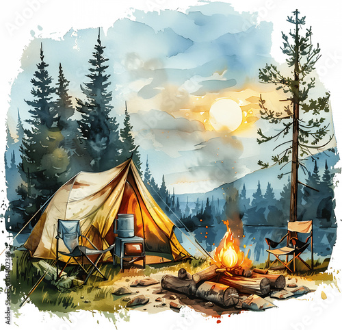 Cozy camping scene with tent campfire and mountain wilderness landscape watercolor illustration