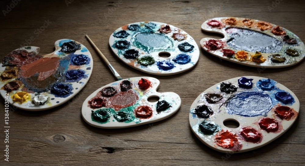 Four paint palettes with various colors and brush on wooden surface Four paint palettes with various colors and brush on wooden surface