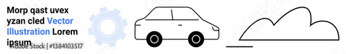 Minimalist car design on a straight road, gear symbol, abstract cloud. Ideal for automotive, transport, mechanics, innovation, environment, travel simple landing page