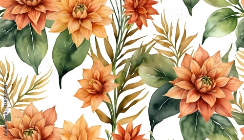 Floral Watercolor Pattern with Orange Flowers and Green Leaves Design