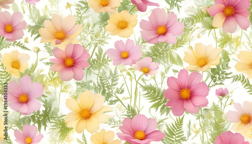 Obraz premium Floral Cosmos Flower Pattern with Ferns and Soft Pastel Colors