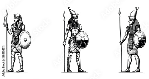 Set of Vintage Vector Illustration of Black and White Egyptian Gods