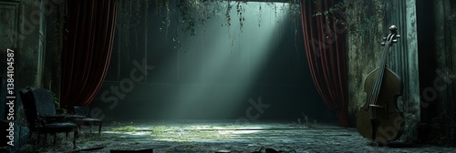 A stage with a spotlight shining onto the center floor and red curtains.