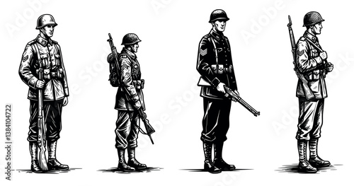 Vintage Black and White Vector Set of Soldiers