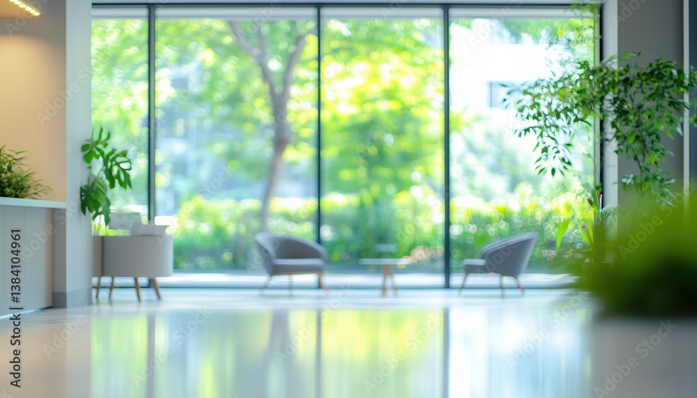 Fototapeta premium Blurred Image Of A Contemporary And Bright Reception Area With Stylish Furniture And Large Windows Facing Green Landscapes.