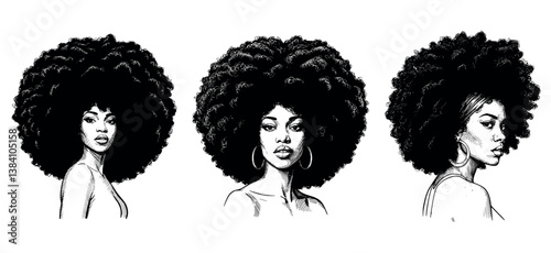 Vintage Black and White Vector Illustration of Black Women with Power Afros