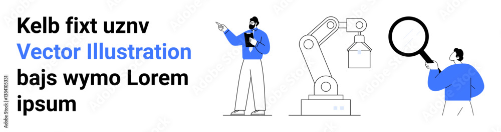 Engineer pointing at a robotic arm, a person with magnifying glass inspecting, and text elements. Ideal for innovation, technology, robotics, data analysis, manufacturing, automation simple landing Engineer pointing at a robotic arm, a person with magnifying glass inspecting, and text elements. Ideal for innovation, technology, robotics, data analysis, manufacturing, automation simple landing