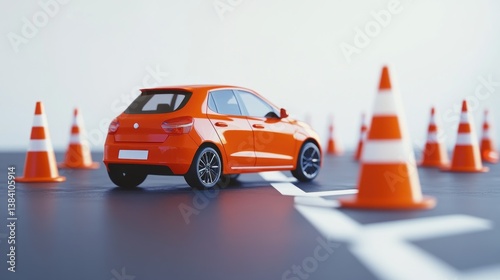 Orange car maneuvering between traffic cones during a driving test.