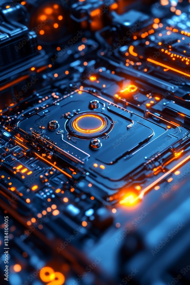 Fototapeta premium Close-up of a futuristic circuit board with glowing components