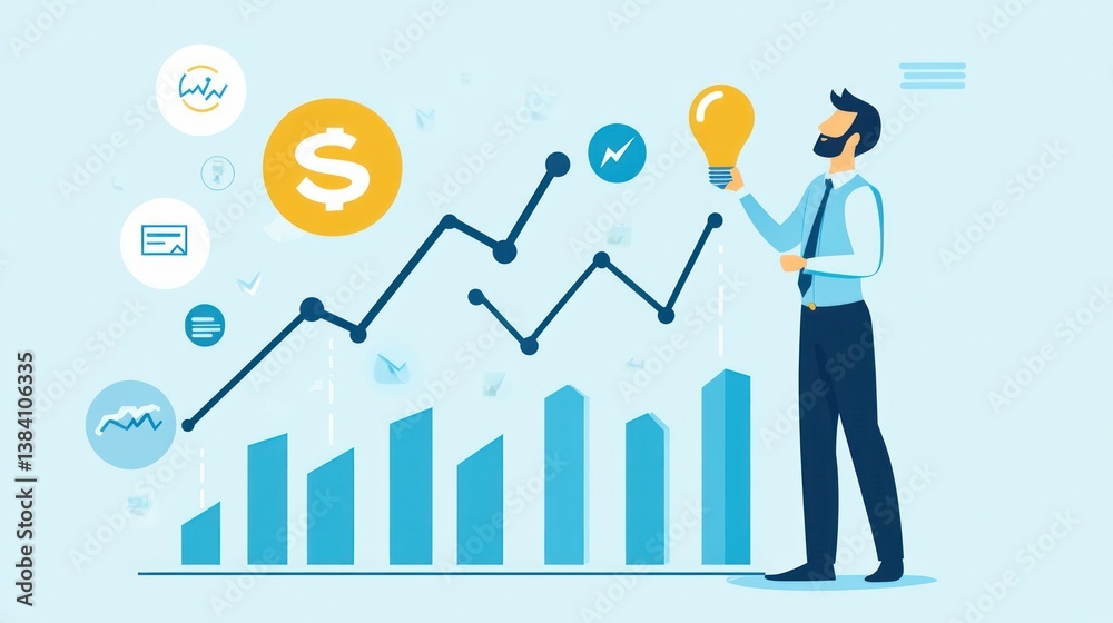 Businessman visualizing financial growth with innovative ideas, represented by upward trending graphs and a lightbulb. Businessman visualizing financial growth with innovative ideas, represented by upward trending graphs and a lightbulb.