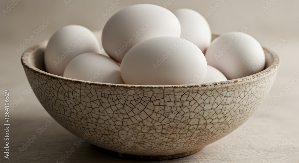Elegant Still Life Of Fresh White Eggs In A Salt Glaze Ceramic Bowl Elegant Still Life Of Fresh White Eggs In A Salt Glaze Ceramic Bowl