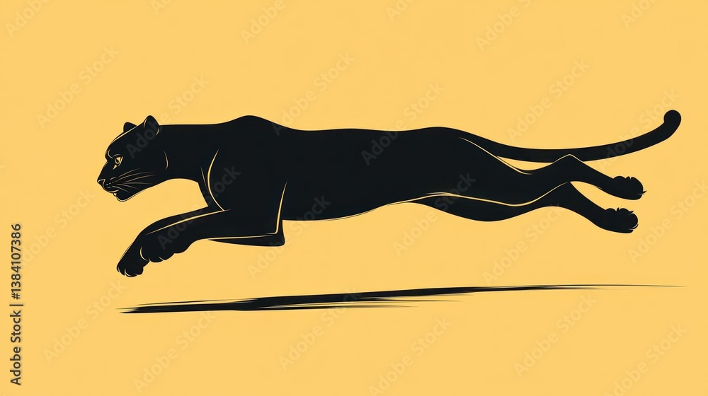 Black panther running, yellow background, wildlife, vector art, design